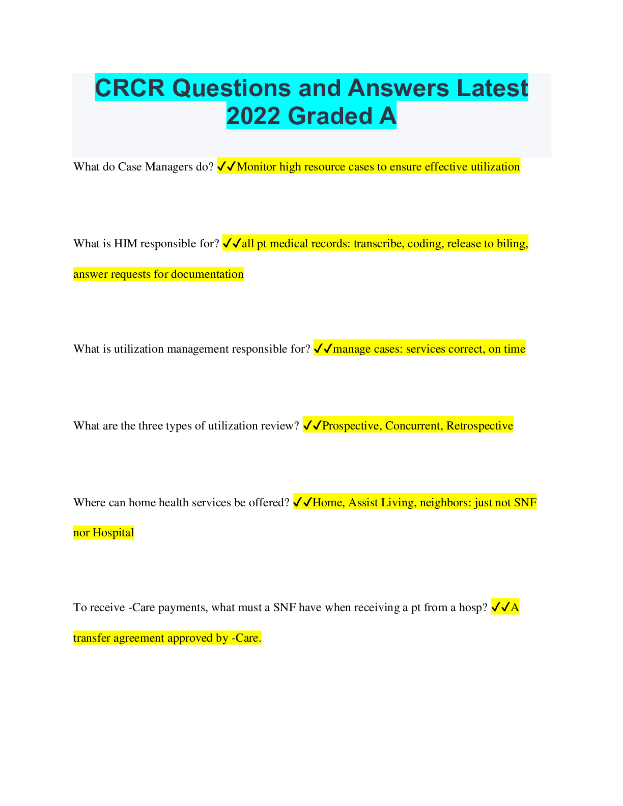 CRCR BUNDLED EXAMS QUESTIONS AND ANSWERS WITH VERIFIED SOLUTIONS